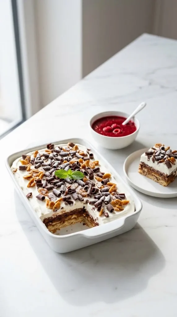 Grillagetorte serviert mit Himbeersauce — angeschnittene Eistorte neben fruchtiger roter Beilagensauce