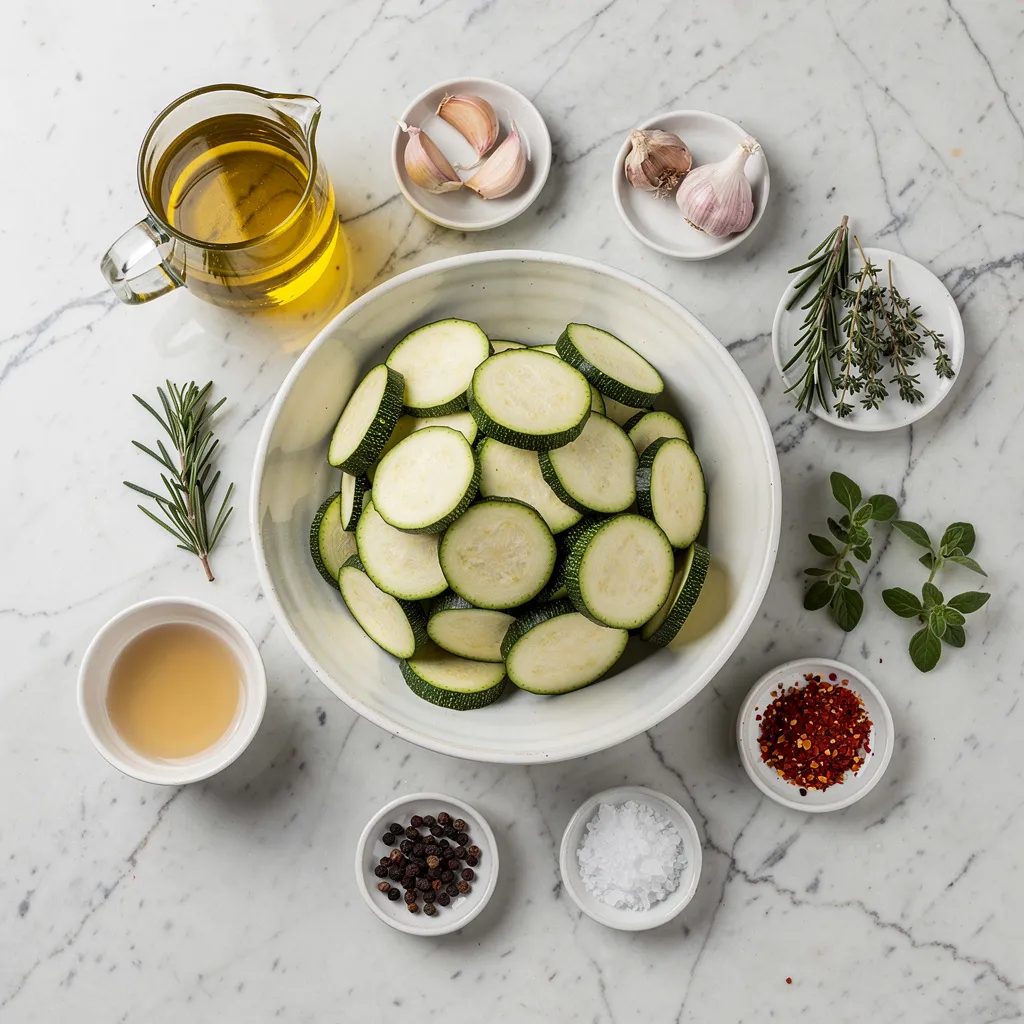 Zutaten für Einfache Antipasti: Zucchini in Öl und Kräutern: Zucchini, Olivenöl, Kräuter
