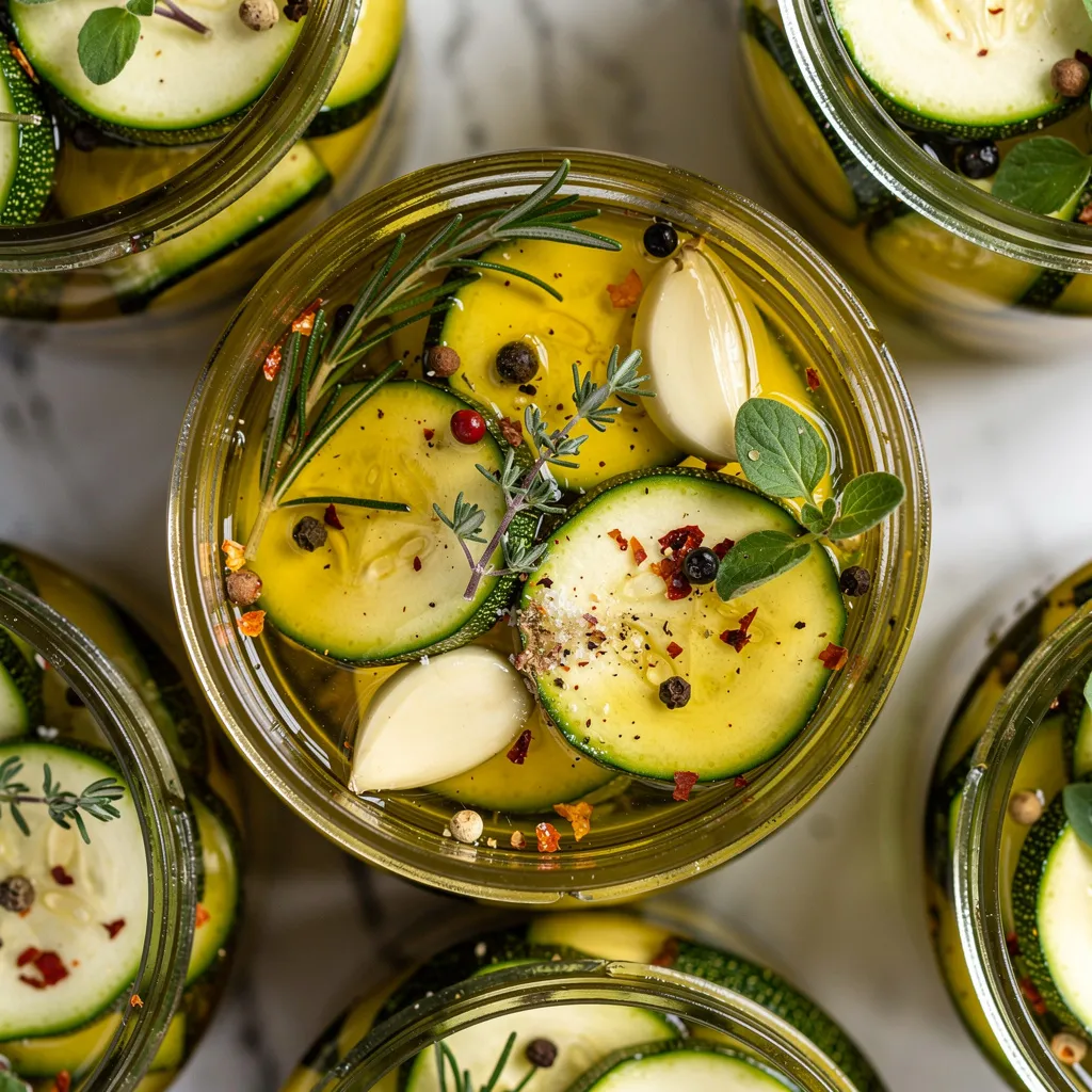 Nahaufnahme von Einfache Antipasti: Zucchini in Öl und Kräutern — knackige Zucchinischeiben in klarem Olivenöl