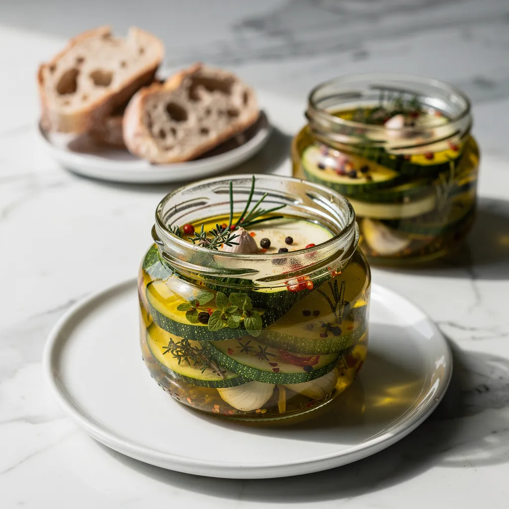 Einfache Antipasti: Zucchini in Öl und Kräutern serviert mit Frischem Ciabatta oder knusprigem Baguette — auf weißem Marmor