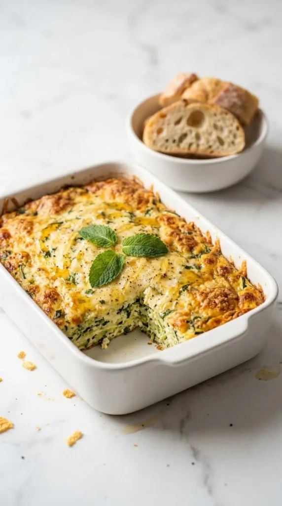 Zucchini-Hüttenkäse-Auflauf serviert mit Ciabatta-Brot — portioniertes Auflaufstück neben knusprigem Weißbrot intensiv präsentiert