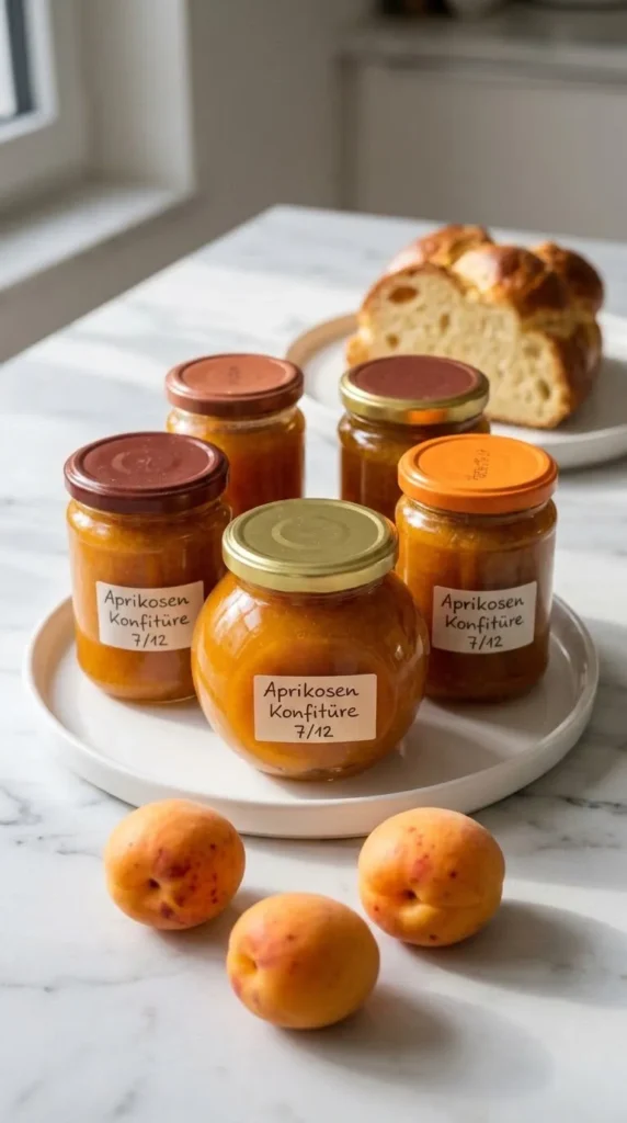 Aprikosenmarmelade serviert mit frisch gebackene Milchbrötchen oder warmer Hefezopf — leckeres Frühstück