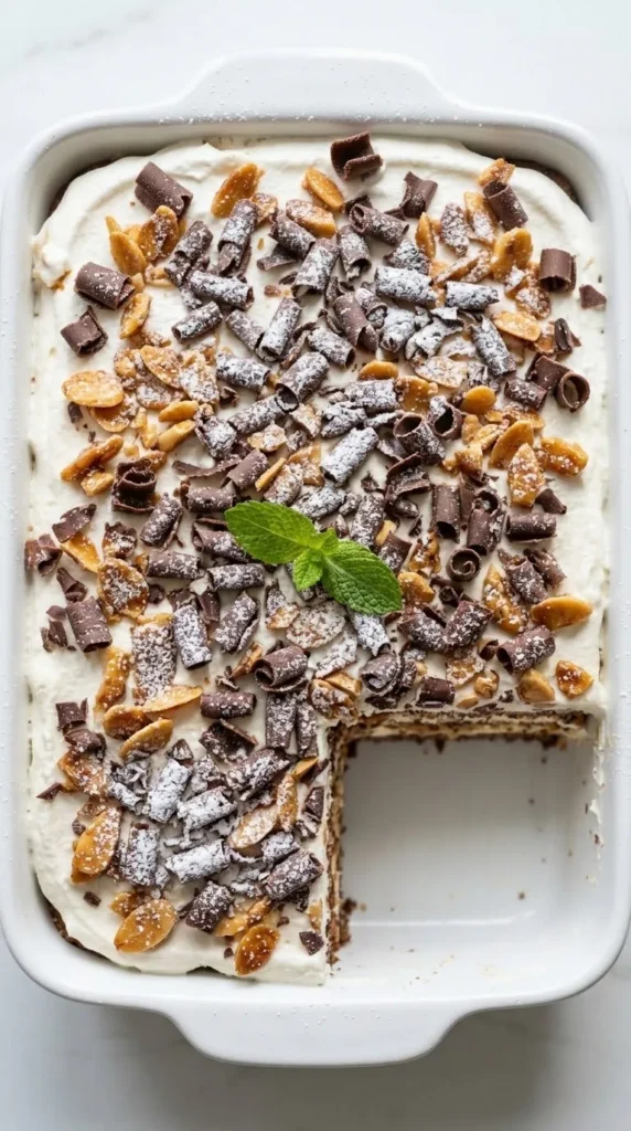 Nahaufnahme von Grillagetorte — cremige gefrorene Sahneschichten verziert mit feinem Nusskrokant