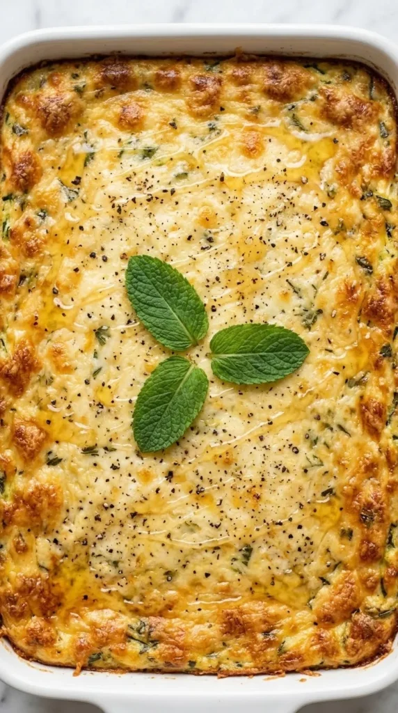 Nahaufnahme von Zucchini-Hüttenkäse-Auflauf — detaillierte Textur der geschmolzenen, blasenwerfenden Käsekruste im Fokus