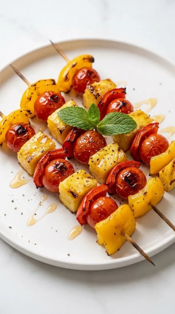 Nahaufnahme von Gemüsespießen zum Grillen — detailreiche Röststrukturen auf Paprika und glasigen Zwiebeln im Fokus