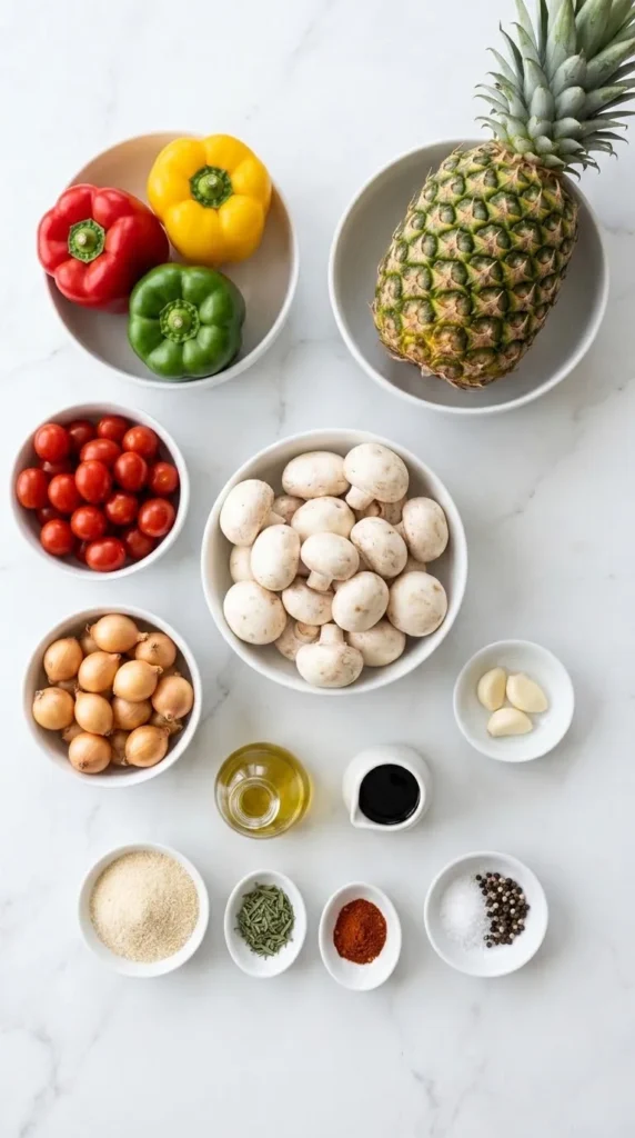 Zutaten für Gemüsespieße zum Grillen: frische Champignons, bunte Paprika, Kirschtomaten und frische Ananas