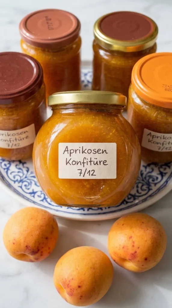 Nahaufnahme von Aprikosenmarmelade — samtig glänzende gelb-orange Textur der Konfitüre im Glas