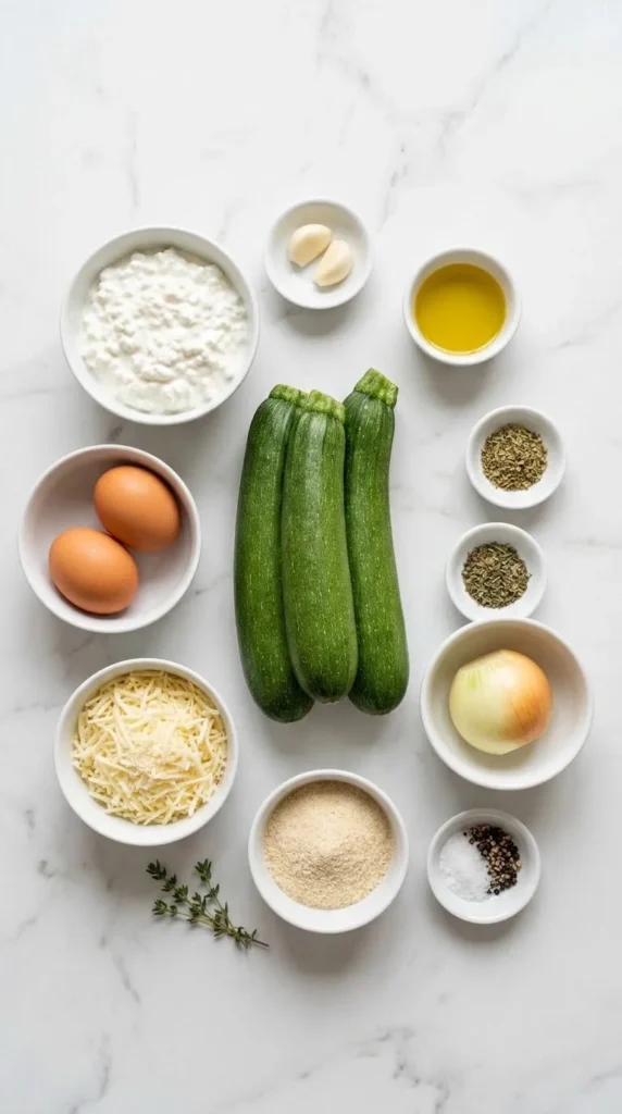 Zutaten für Zucchini-Hüttenkäse-Auflauf: frische Zucchini, Hüttenkäse, Eier, geriebener Käse und Zwiebeln