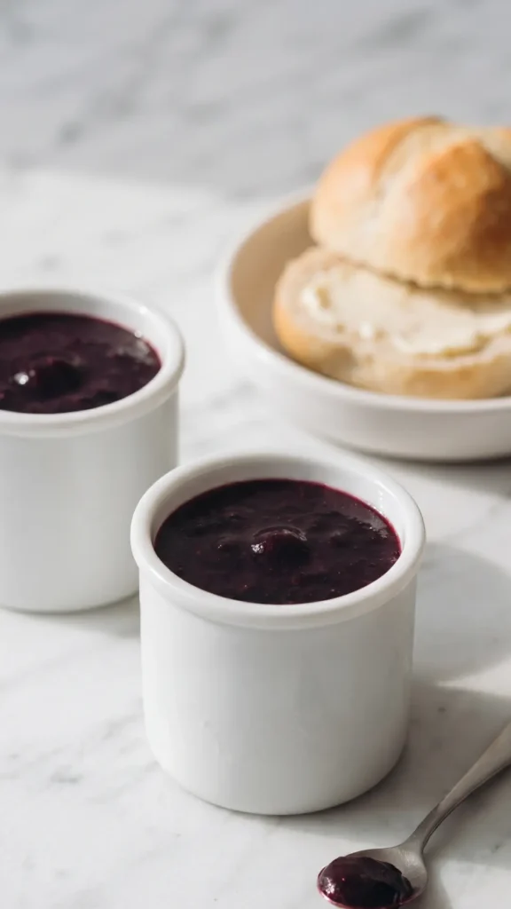 Cremige Brombeermarmelade ohne Kerne serviert mit frisch gebackenes, noch warmes Sonntagsbrötchen mit einer dünnen Schicht guter Butter