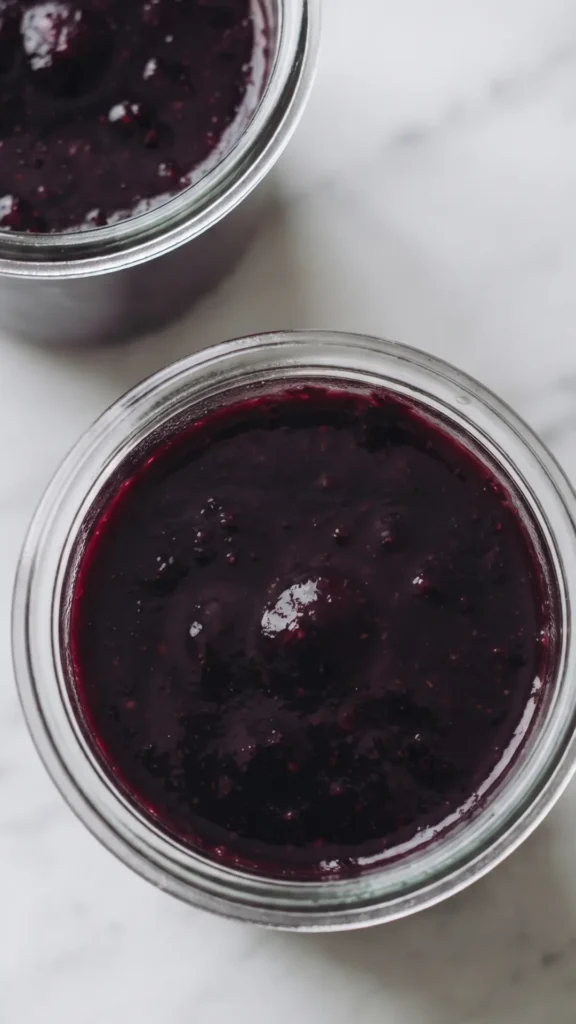 Nahaufnahme von Cremige Brombeermarmelade ohne Kerne — vollkommen kernlose, violette Textur