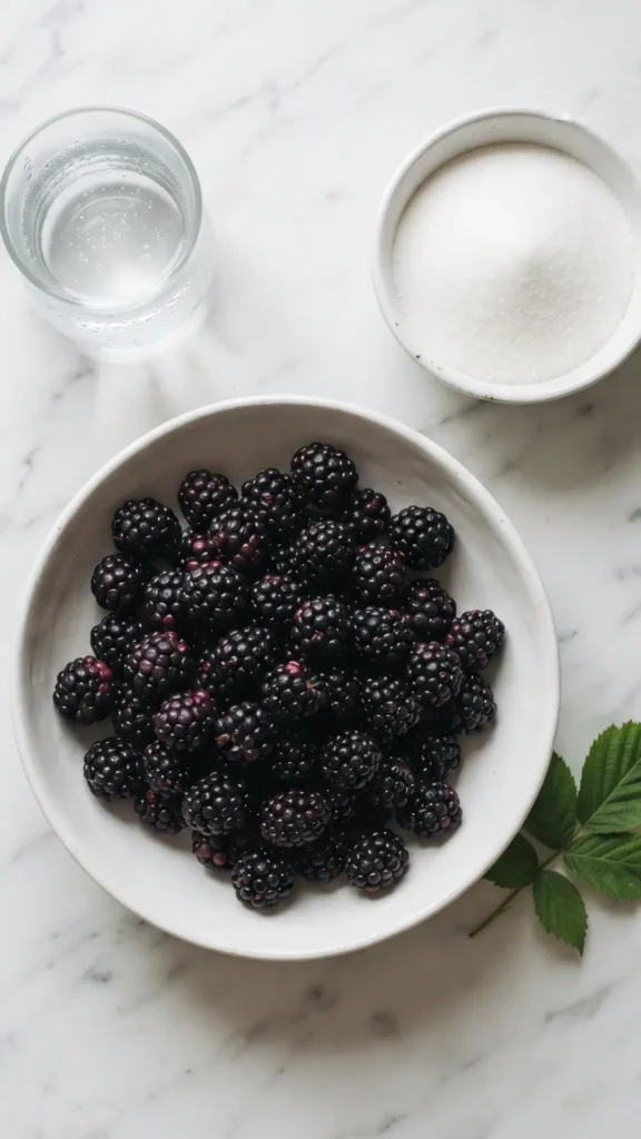 Zutaten für Cremige Brombeermarmelade ohne Kerne: Brombeeren, Gelierzucker und Wasser