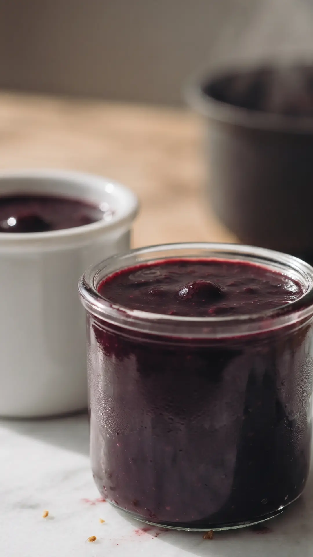 Cremige Brombeermarmelade ohne Kerne frisch zubereitet — glänzende, samtweiche Textur