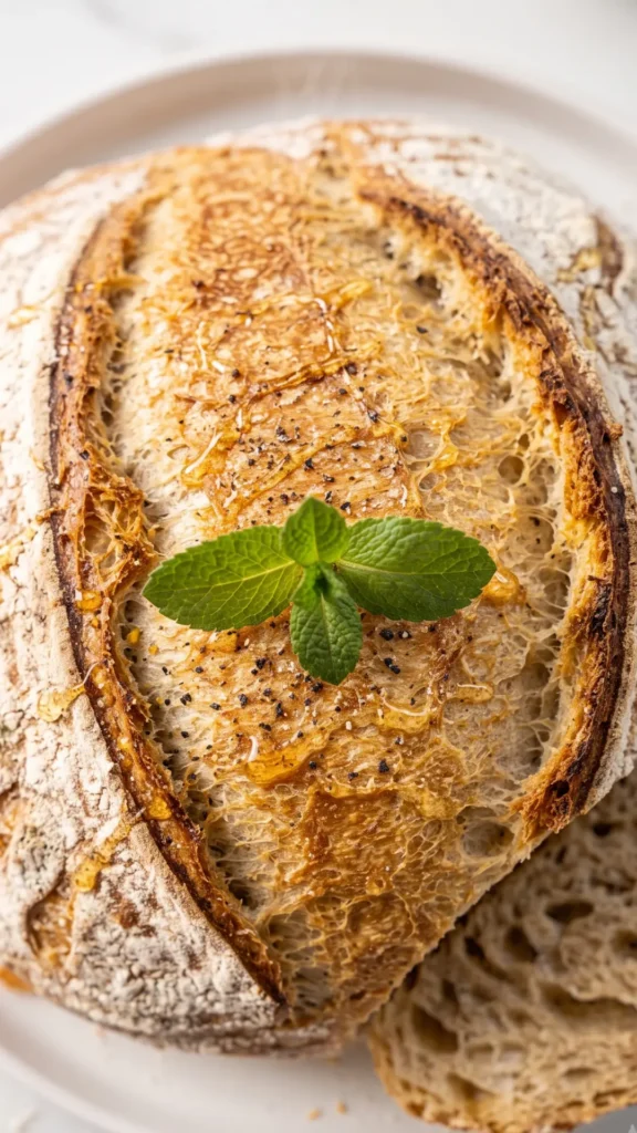 Nahaufnahme von Dinkel-Sauerteigbrot — tief aufgerissene Brotkruste mit feinen Bläschenstrukturen im Detail