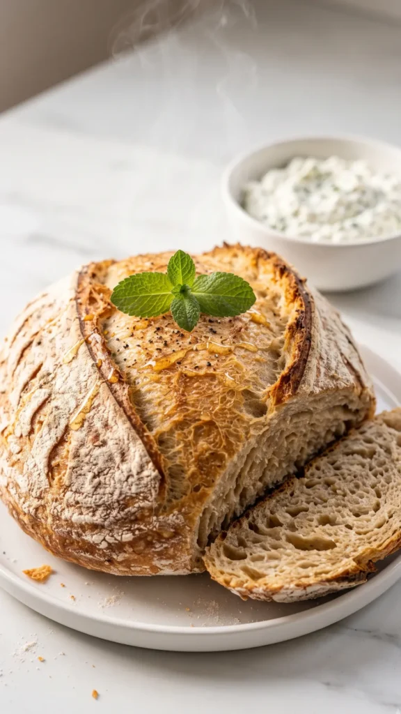 Dinkel-Sauerteigbrot serviert mit Kräuterquark — angeschnittenes handgemachtes Brot neben cremigem, frischem Quarkdip