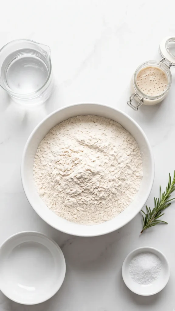 Zutaten für Dinkel-Sauerteigbrot: Dinkelmehl Type 630, Wasser, Salz und Sauerteig-Anstellgut