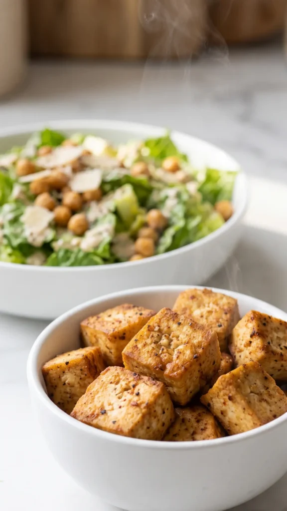 Knuspriger Chicken Tofu im Chicken-Nuggets-Stil serviert mit Caesars Salad mit veganem Caesardressing