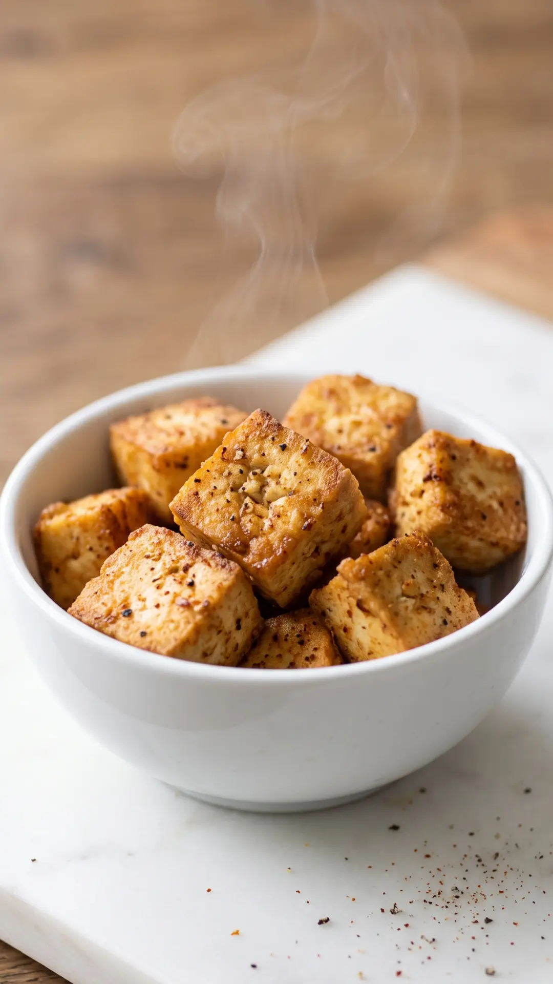 Knuspriger Chicken Tofu im Chicken-Nuggets-Stil frisch zubereitet — goldbraune, knusprige Würfel