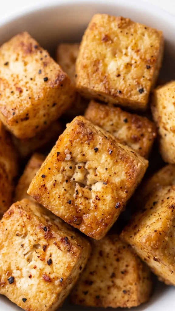 Nahaufnahme von Knuspriger Chicken Tofu im Chicken-Nuggets-Stil — knusprige Kruste mit Gewürzen