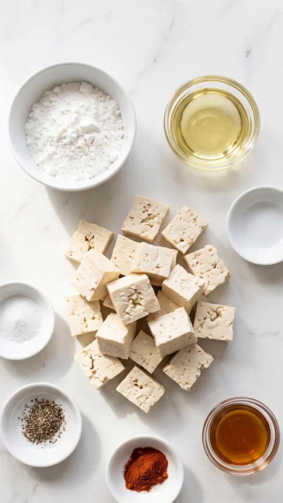 Zutaten für Knuspriger Chicken Tofu im Chicken-Nuggets-Stil: Tofu, Kartoffelstärke, Gewürze und Öl