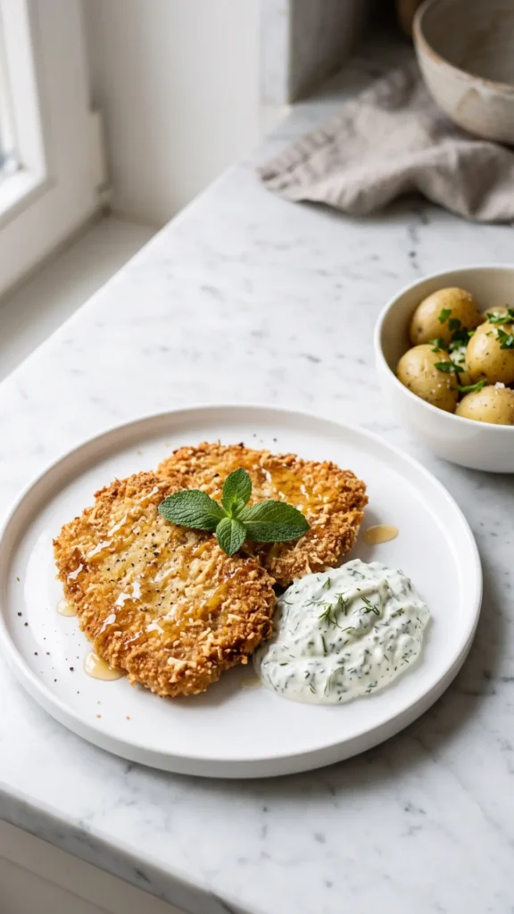 Kohlrabi-Schnitzel serviert mit Butterkartoffeln — knusprige Gemüseschnitzel neben feinen Kartoffeln dekorativ angerichtet