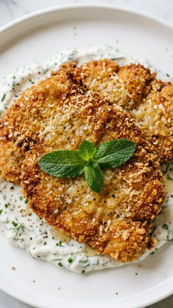 Nahaufnahme von Kohlrabi-Schnitzel — detaillierte Textur der knusprigen Parmesan-Semmelbrösel-Panade im Fokus