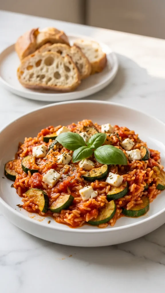 Zucchini-Pfanne serviert mit frisch gebackenes Baguette oder knuspriges Olivenbrot — mediterranes Mittagessen