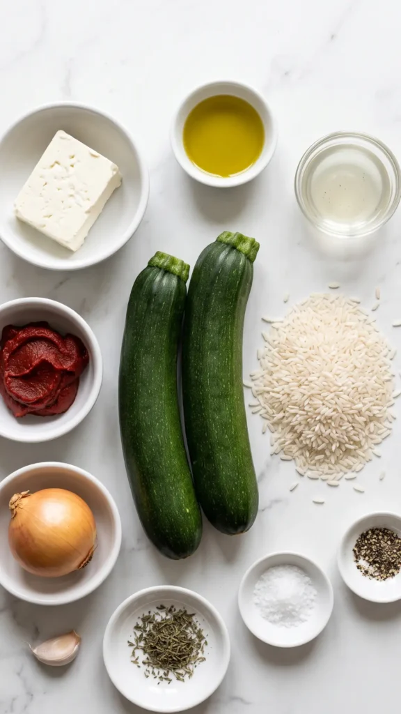 Zutaten für Zucchini-Pfanne: frische Zucchini, Langkornreis, Feta, Tomatenmark und Gewürze