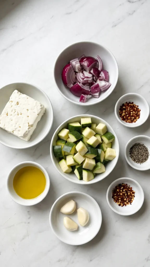 Zutaten für Ofen-Zucchini mit Feta: frische Zucchini, Feta-Käse, rote Zwiebel, Knoblauch und Olivenöl