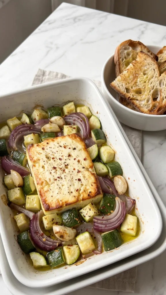 Ofen-Zucchini mit Feta serviert mit knuspriges Knoblauchbrot oder geröstetes Sauerteigbrot — mediterranes Essen