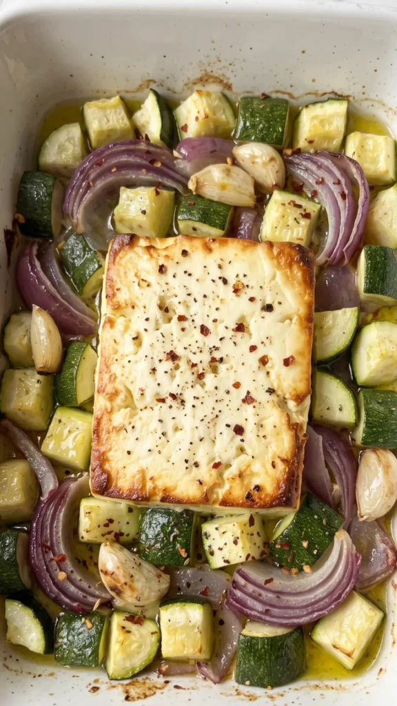 Nahaufnahme von Ofen-Zucchini mit Feta — cremig geschmolzene Fetakruste mit Chiliflocken und Olivenöl