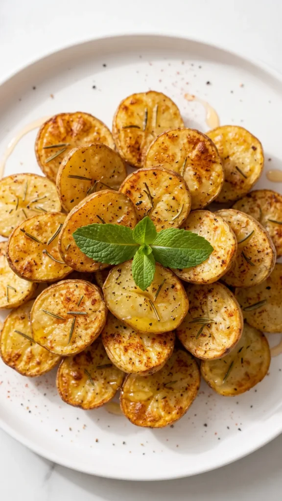 Nahaufnahme von Rosmarinkartoffeln aus dem Airfryer — knusprige Röststrukturen und feine Kräuterdetails im Fokus