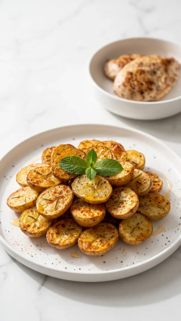 Rosmarinkartoffeln aus dem Airfryer serviert mit Hähnchenbrust — krosse Ofenkartoffeln neben saftigem Fleisch dekorativ präsentiert