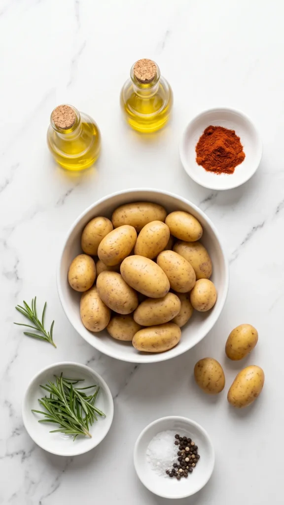 Zutaten für Rosmarinkartoffeln aus dem Airfryer: frische Drillinge, Olivenöl, Paprikapulver und Rosmarinzweige