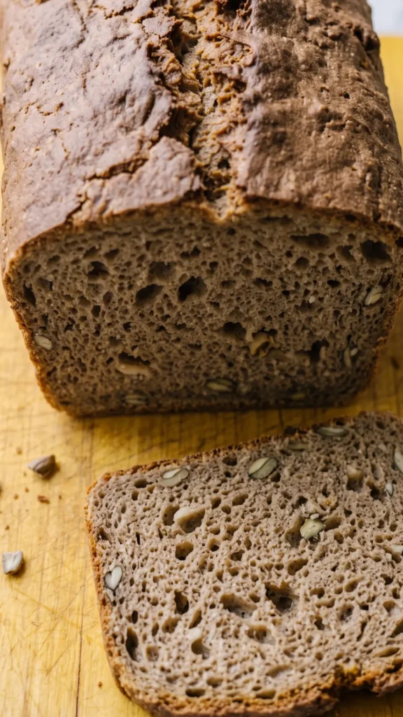 Nahaufnahme von Schnelles Kürbiskernbrot — feine Textur der Krume mit eingebetteten Kürbiskernfragmenten
