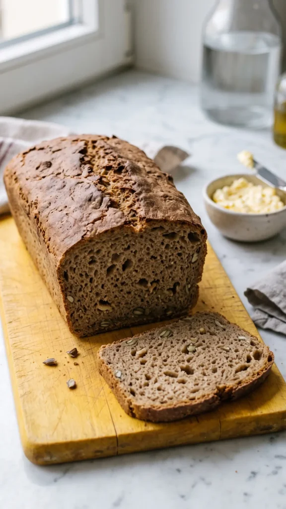 Schnelles Kürbiskernbrot serviert mit gesalzene Butter — frische Brotscheibe auf einem gelben Schneidebrett