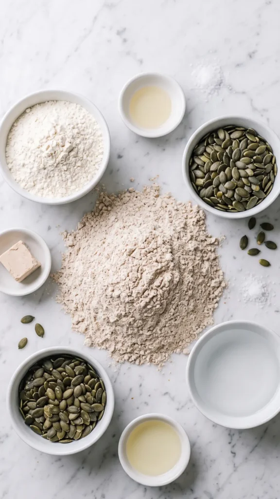 Zutaten für Schnelles Kürbiskernbrot: Dinkel, Roggen, Weizenmehl, frische Kürbiskerne und Hefe