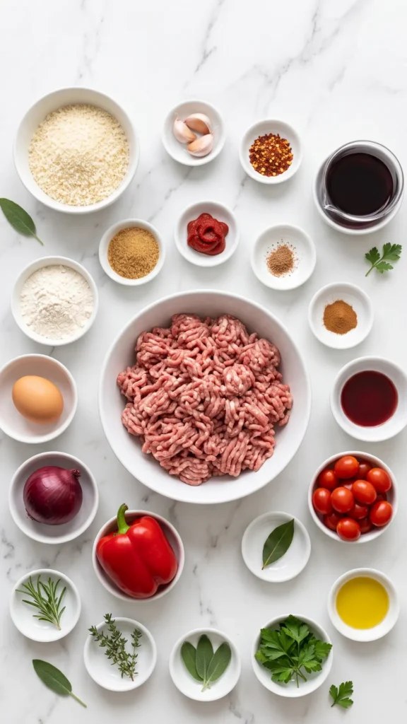 Zutaten für Tapas Albondigas: gemischtes Hackfleisch, stückige Tomaten, rote Paprika, Rotwein und frische Kräuter