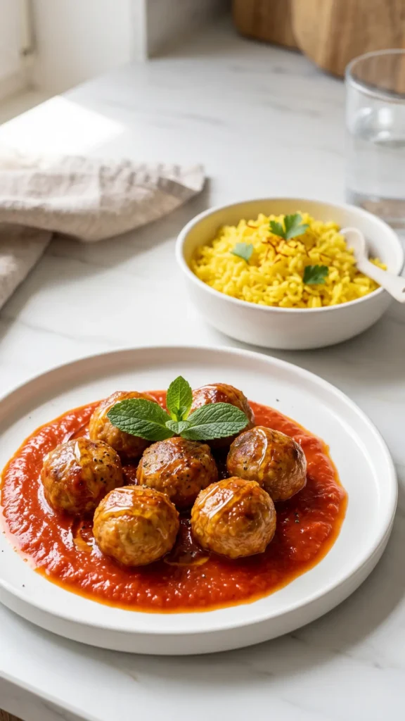 Tapas Albondigas serviert mit Safranreis — köstliche spanische Hackbällchen neben leuchtend gelbem Reis