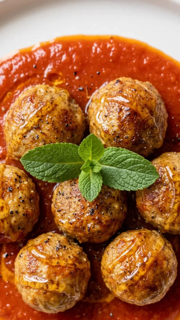 Nahaufnahme von Tapas Albondigas — zarte Fleischstruktur der Hackbällchen inmitten dicker stückiger Sauce im Fokus