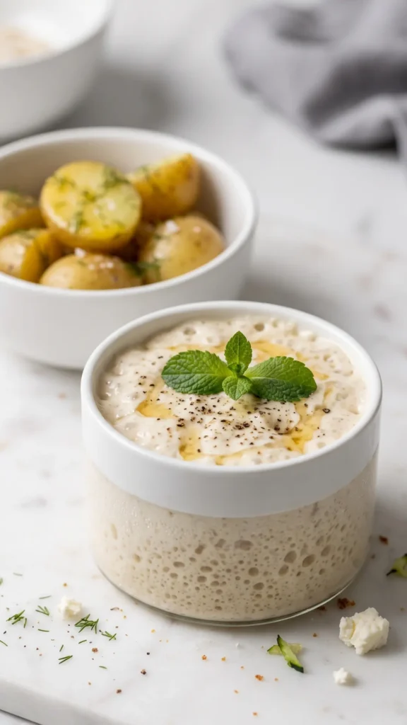Weizensauerteig Robert serviert mit Butterkartoffeln — glatter, gärender Sauerteig-Ansatz dekorativ auf Marmor präsentiert
