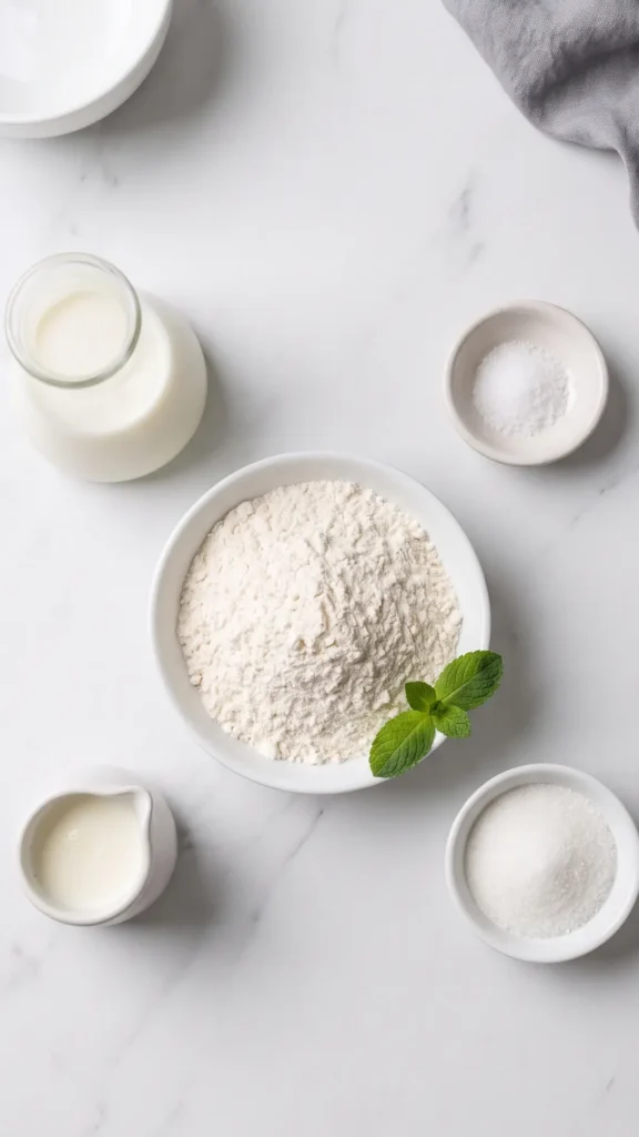 Zutaten für Weizensauerteig Robert: Weizenmehl Type 550, frische Milch, Buttermilch und feiner Zucker