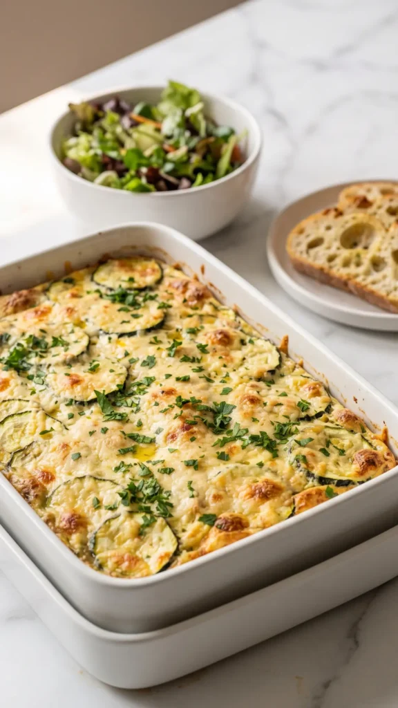 Zucchini-Auflauf serviert mit knuspriges Knoblauchbrot oder ein knackiger Blattsalat — leichtes und gesundes Essen