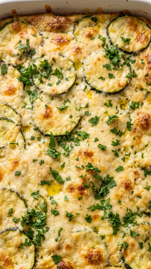 Nahaufnahme von Zucchini-Auflauf — knusprig geschmolzene Parmesankruste mit Kräutern und saftigem Gemüse
