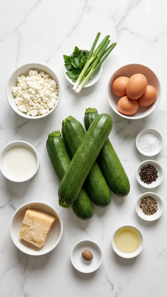 Zutaten für Zucchini-Auflauf: frische Zucchini, Hüttenkäse, Eier, Milch und Parmesan