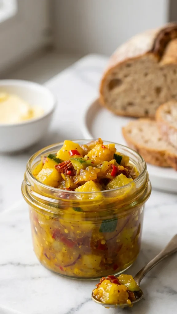 Würzigenes Zucchini-Chutney serviert mit frisches Landbrot und Butter