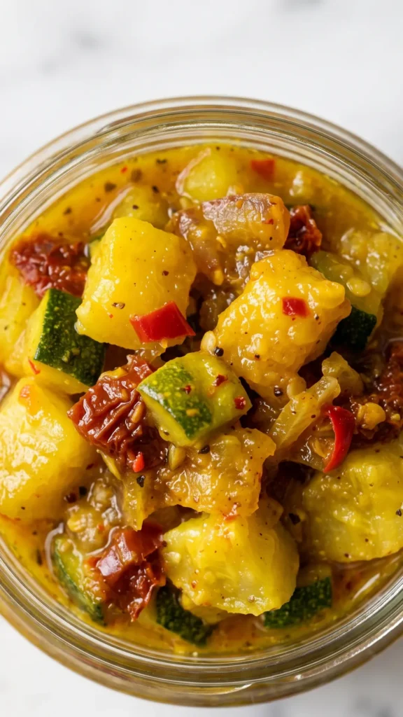 Nahaufnahme von Würzigenes Zucchini-Chutney — strukturierte Gemüsestücke in goldgelber Sauce