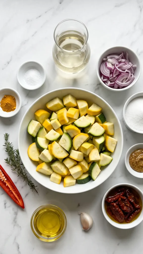 Zutaten für Würzigenes Zucchini-Chutney: Zucchini, rote Zwiebeln, getrocknete Tomaten und Gelierzucker