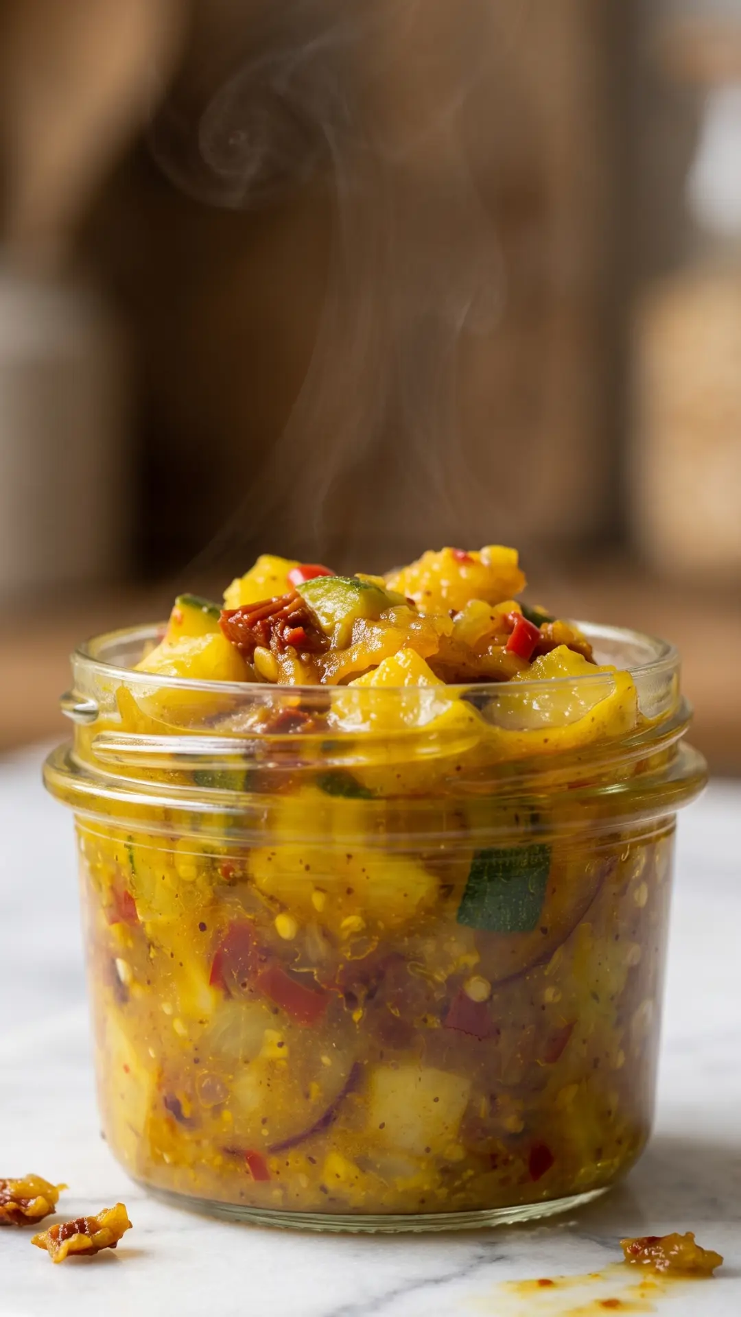 Würzigenes Zucchini-Chutney selbst gemacht — goldgelbes, stückiges Gemüse-Chutney