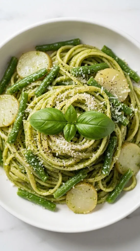 Nahaufnahme von Pesto Genovese mit Trenette — glänzende grüne Nudeln und feine Basilikumtexturen im Fokus