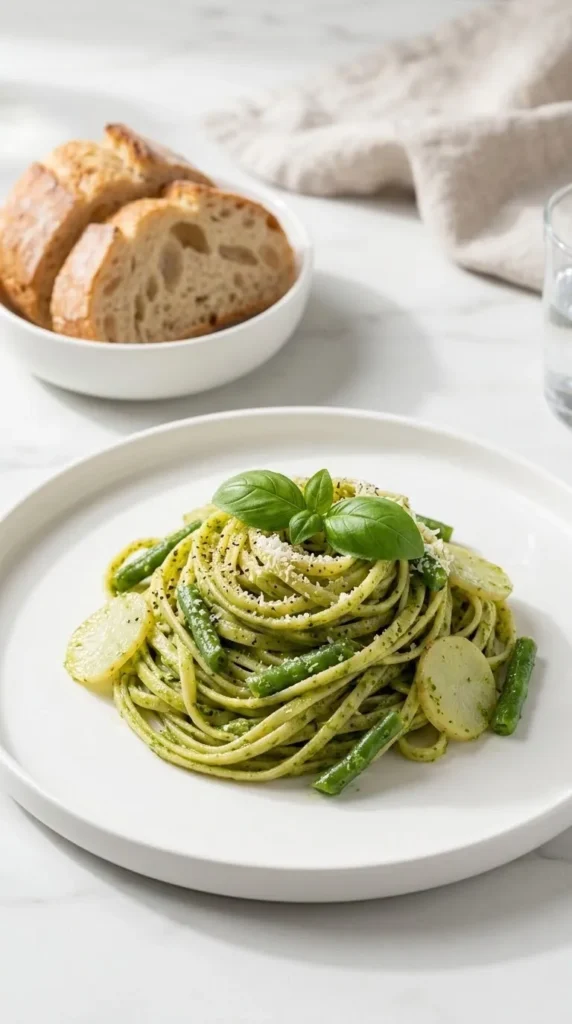 Pesto Genovese mit Trenette serviert mit Ciabatta-Brot — italienischer Klassiker dekorativ angerichtet